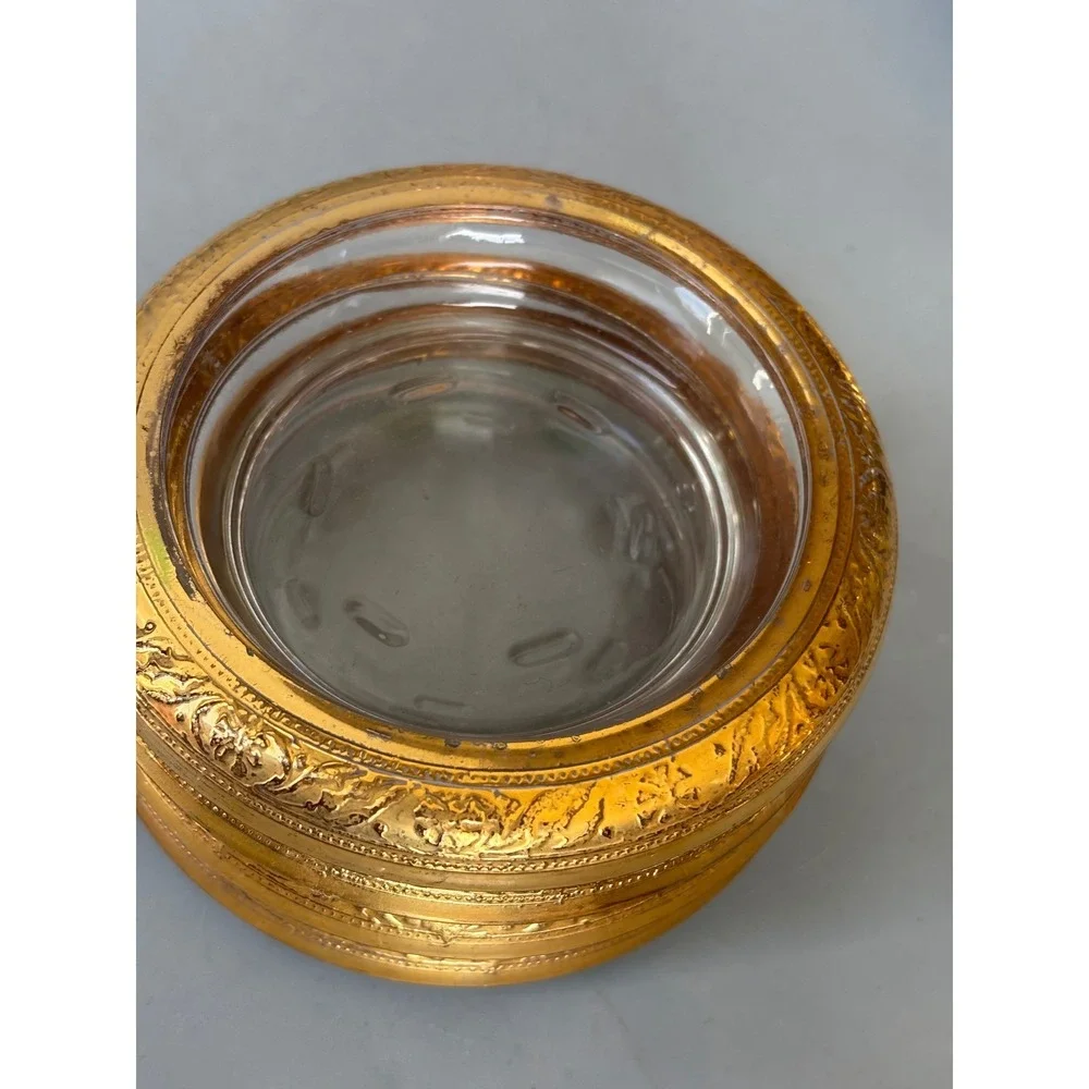 Vtg 4 Pc‎ Glass Coasters with Ornate Gold Tone Metal Rims Floral Embossed
